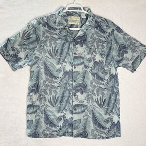 Island Fever Hawaiian Shirt Mens M Blue Tropical Palm Leaf Rayon Linen‎ Aloha